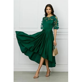 Rochie Ella Collection Brinda eleganta din tafta verde pin cu broderie 3D