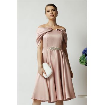 Rochie Ella Collection Jolie eleganta din tafta roz cu accesoriu metalic in talie