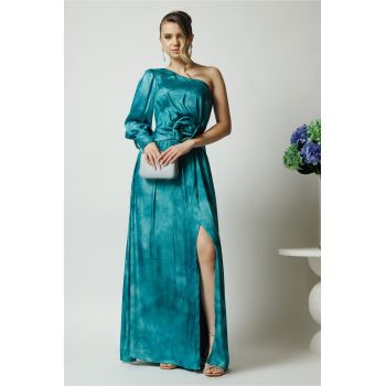 Rochie Ella Collection Noa lunga de ocazie turcoaz din satin cu floare maxi pe talie