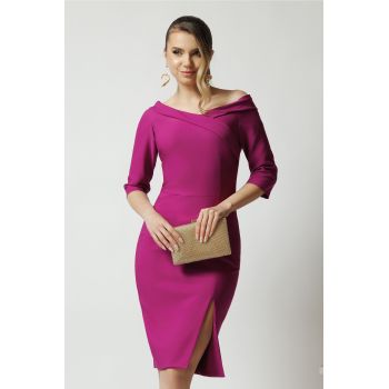 Rochie La Donna de ocazie din stofa magenta conica cu decolteu barcuta
