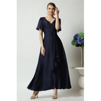 Rochie lunga eleganta din satin bleumarin cu volan