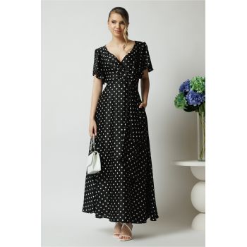Rochie lunga eleganta din satin neagra cu buline si volan ieftina