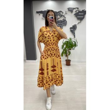 Rochie midi din bumbac, cu elastic in talie si imprimeu ciocolatiu pe fond galben