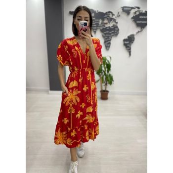 Rochie midi din bumbac, cu elastic in talie si imprimeu galben pe fond bordo