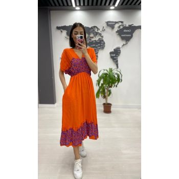 Rochie midi din bumbac, cu elastic in talie si imprimeu lila pe fond portocaliu