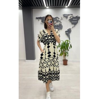 Rochie midi din bumbac, cu elastic in talie si imprimeu negru pe fond alb