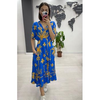 Rochie midi din bumbac, cu elastic in talie si imprimeu portocaliu pe fond albastru