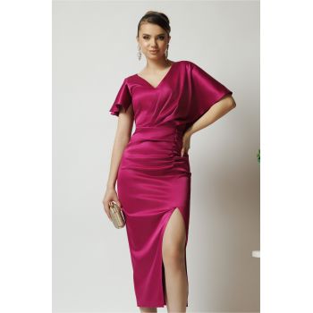 Rochie Moze eleganta din satin magenta cu fronseu si crepeu pe fusta