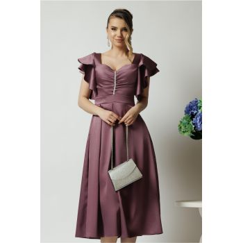 Rochie Moze eleganta din satin mov cu accesoriu la bust