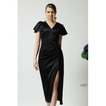 Rochie Moze eleganta din satin neagra cu perlute la umeri