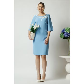 Rochie office din stofa bleu cu funda alba pe bust