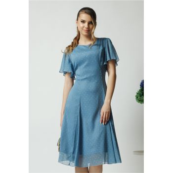 Rochie vaporoasa din voal bleu cu picatele si maneci scurte fluture