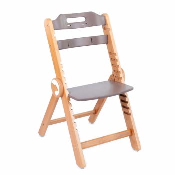 Scaun de masa pentru copii multifunctional Kidnort Drommer Brown, pliabil, din lemn, transformabil, cu sezut reglabil pe 11 nivele de inaltime, picioare antiderapante, cu pernuta inclusa, capacitate maxim admisa 75 kg