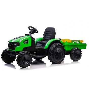 Tractor electric pentru copii 3-8 ani cu remorca XXL Lux 720-T, 12V 90W, roti moi, scaun tapitat, Telecomanda 2.4GHz, Bluetooth (2068) Verde