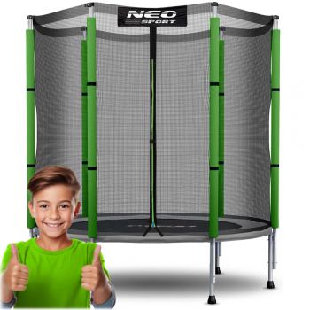 Trambulina de gradina pentru copii Neo-Sport Verde 140 cm 4.5FT, Plasa exterioara, Stalpi metalici cu protectie din burete, Intrare cu fermoar si catarama, Covoras impermeabil flexibil