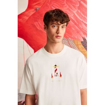 tricou din bumbac culoarea bej, cu imprimeu