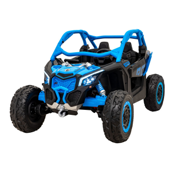 UTV electric pentru copii 3-7 ani cu 2 locuri Can-Am Maverick 800W 24V 14Ah 4x4, cu roti moi, scaun tapitat, Telecomanda 2.4 GHz, faruri si stop cu lumini LED, Bluetooth, Radio FM (CA001) Albastru