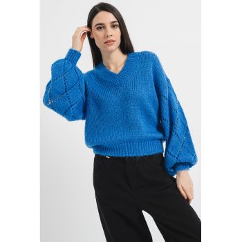 Pulover din amestec de mohair cu decolteu in V si maneci cazute
