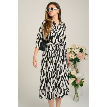 Rochie de zi tip camasa din crep neagra cu imprimeu alb si cordon in talie
