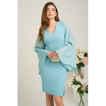 Rochie DY Fashion din stofa bleu cu maneci ample din voal