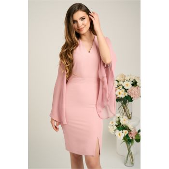 Rochie DY Fashion din stofa roz cu maneci ample din voal