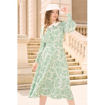 Rochie DY Fashion din viscoza alba cu imprimeuri verzi si funda la decolteu