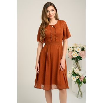 Rochie eleganta din voal portocalie cu insertii in relief si fir lurex ieftina
