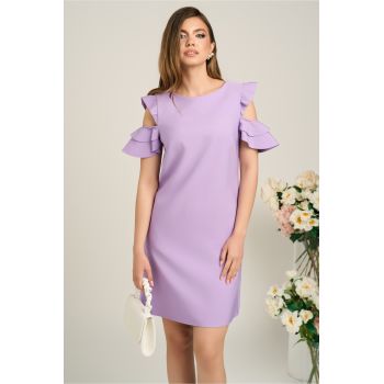 Rochie LaDonna office din stofa lila cu volane la maneci