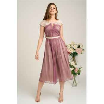 Rochie Leonard Collection eleganta din matase naturala lila cu floricele pe umeri