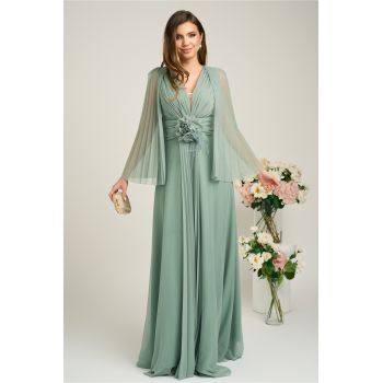 Rochie lunga de ocazie din tull verde fistic cu floare in talie