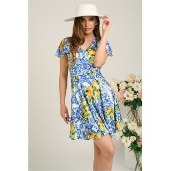 Rochie Moze din satin cu imprimeuri albastre