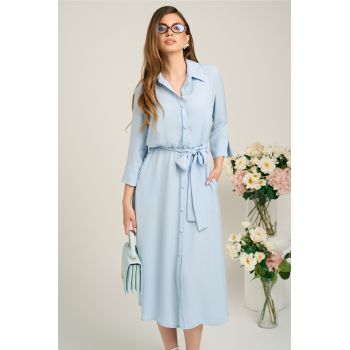 Rochie office din viscoza bleu cu cordon in talie