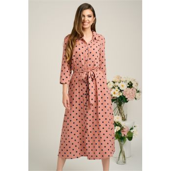 Rochie office din viscoza roz cu buline bleumarin si cordon in talie ieftina