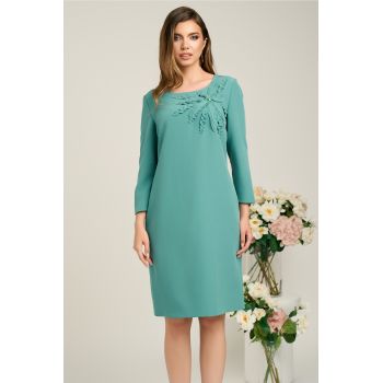Rochie Viada din stofa verde menta cu floare pe bust