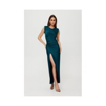 Rochie maxi metalica cu perne si pliuri - marin -