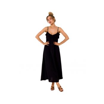 Rochie midi evazata cu bretele subtiri si volane -