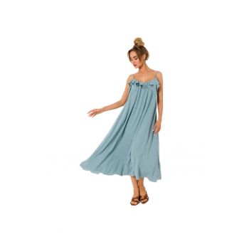 Rochie midi evazata cu bretele subtiri si volane -