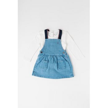 Set de sarafan de denim si bluza uni - 2 piese