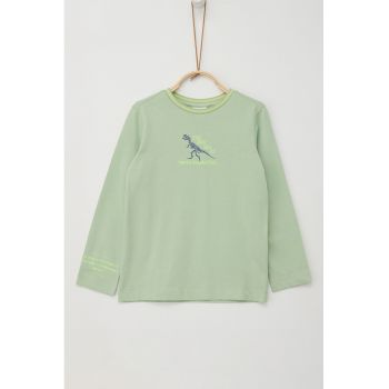 Bluza de bumbac cu decolteu la baza gatului si imprimeu dinozaur