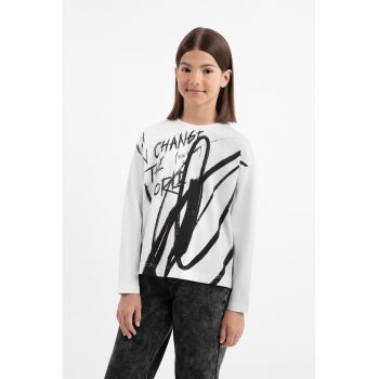 Bluza din amestec de bumbac cu imprimeu text