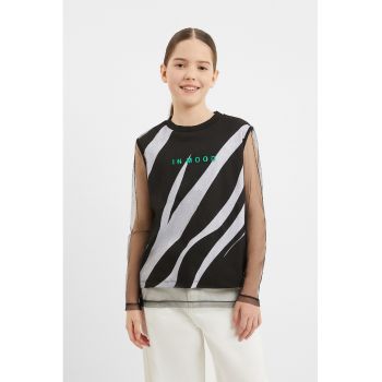Bluza din amestec de bumbac cu maneca transparenta