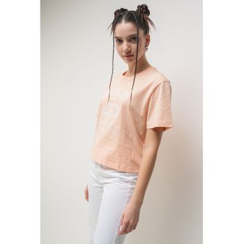 Tricou din bumbac cu decolteu la baza gatului si logo