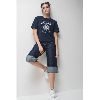 Tricou din bumbac cu decolteu la baza gatului si logo