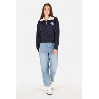 Bluza de trening cu fenta cu fermoar si imprimeu text