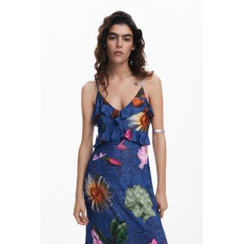 Rochie cu volane - model floral si terminatie asimetrica