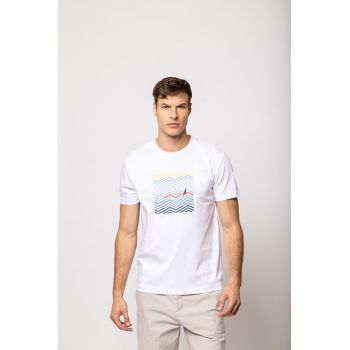 Tricou din bumbac cu decolteu la baza gatului si imprimeu