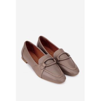 Mocasini dama taupe din piele cu aspect perforat