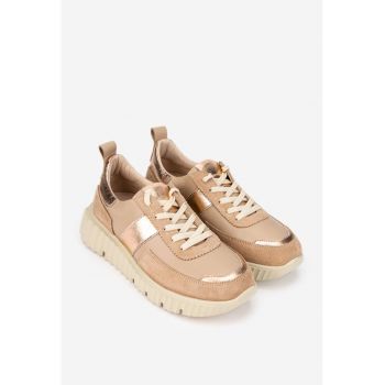 Pantofi dama  taupe din piele cu detalii aurii-roze