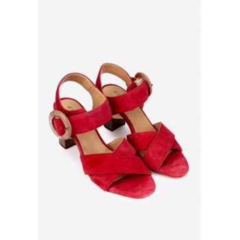 Sandale dama din piele intoarsa rosie cu toc