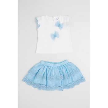 Set de tricou cu broderie si fusta